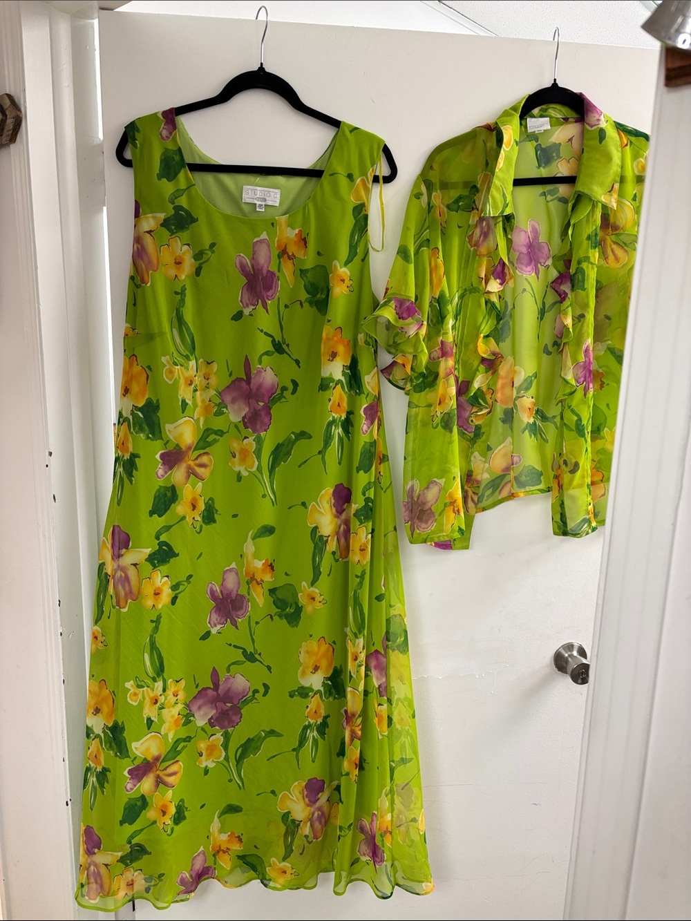 Studio C Lime Green Floral Maxi Dress with Sheer Jacket - 2-PC - NWOT  P2P:24, L